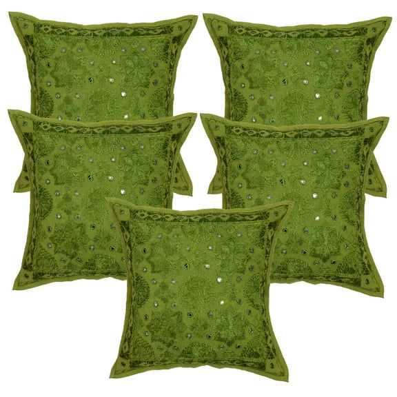 Stylo Culture Ethnic Sofa Throw Pillow Covers 16 x 16 Hand Embroidered Parrot Green Boho 40x40 cm Home Decor Cotton Mirrored Square Cushion Covers | Set Of 5