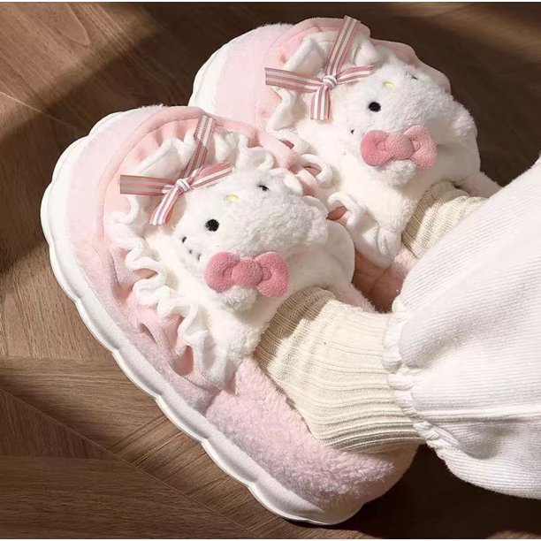 Hellokitty-Zapatillas de algodón con diseño de gato para mujer, bolso de invierno con tacón, lana bonita, además de terciopelo, zapatos de algodón, 2024