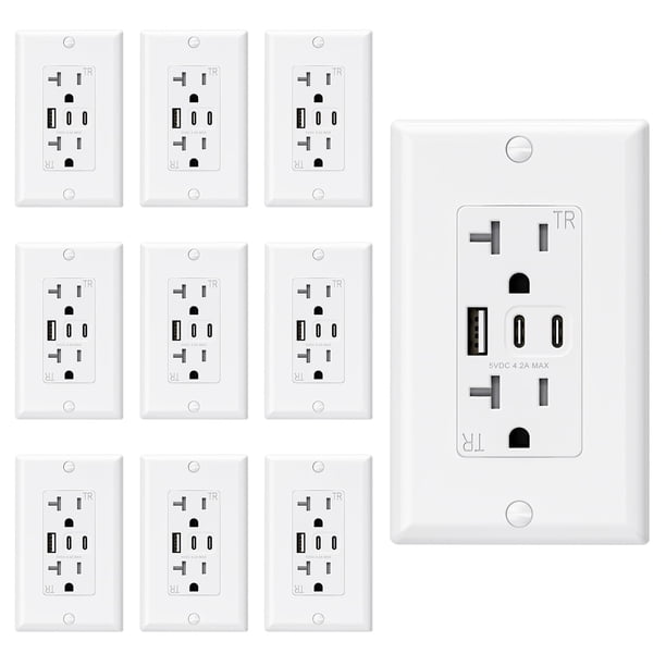 Enchufes de pared USB ELEGRP 20A con 3 USB C, 2 USB A, paquete de 10, color blanco