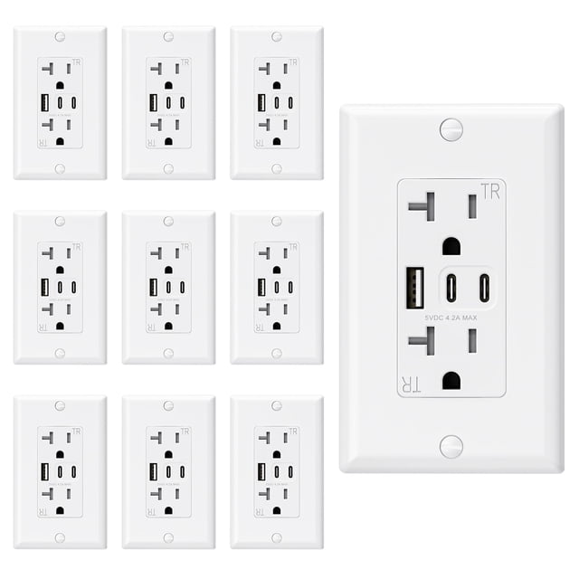 Enchufes de pared USB ELEGRP 20A con 3 USB C, 2 USB A, paquete de 10, color blanco