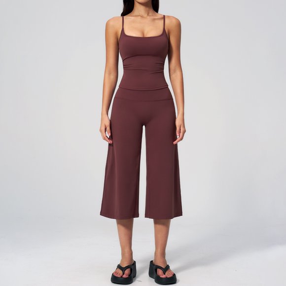 PISONIC Womens Workout Sets Two Piece Spaghetti Straps Tank Top Matching Wide Leg Capri Pants Gym Work Pilates Outfits