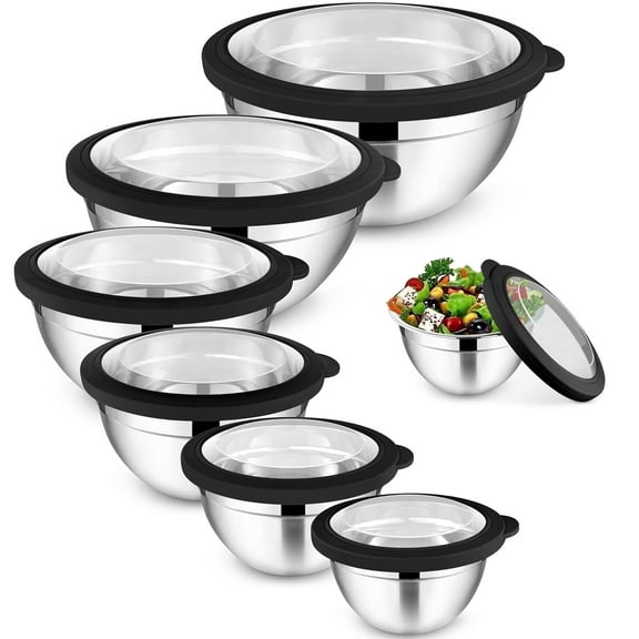 Walchoice Mixing Bowls Set of 7, Stainless Steel Prep Bowls with Airtight Clear Lids, Metal Nesting Salad Bowls for Cooking Serving Storing, Dishwasher Safe, 4.6/ 3.5/ 2.6/ 2/ 1.5/ 1/ 0.7 QT - Black