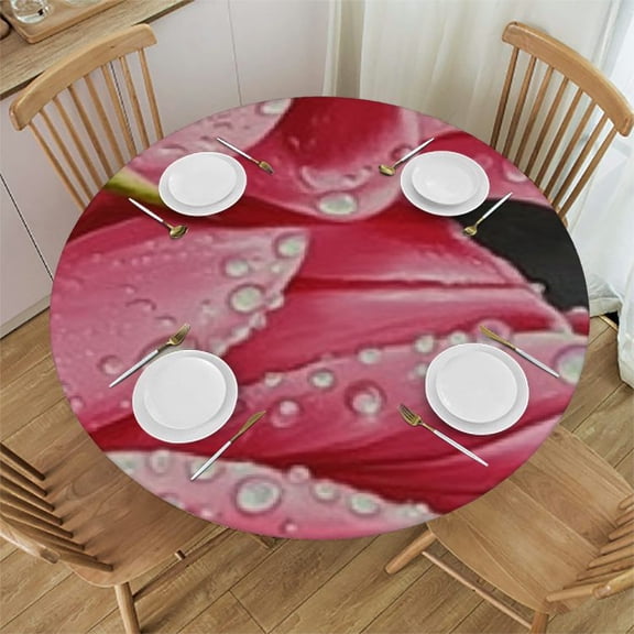 Floral Round Fitted Tablecloth, Vintage Red Tulips Elastic Edge Decorative Tablecloths, Stain Resistant Washable Table Cover, for Indoor Outdoor Party Table Cloth