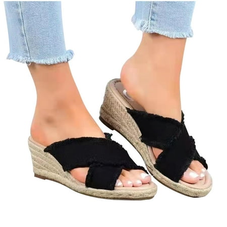 

Women Sandals Clearance 2023! Pejock Women s Platform Wedge Sandals Extremely Comfy Slides Sandals Denim Cross Slope Heel Thick Soled Round Head Beach Slippers Summer Athletic Outdoor Beach Sandals