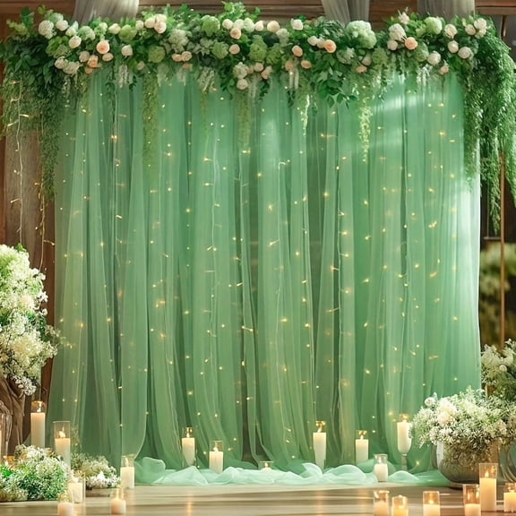 Sage Green & White Sheer Backdrop Curtain with Lights, 9.84x7.05ft for Wedding, Birthday, Bridal Shower, Baby Shower, Photobooth, Party & Holiday Decor