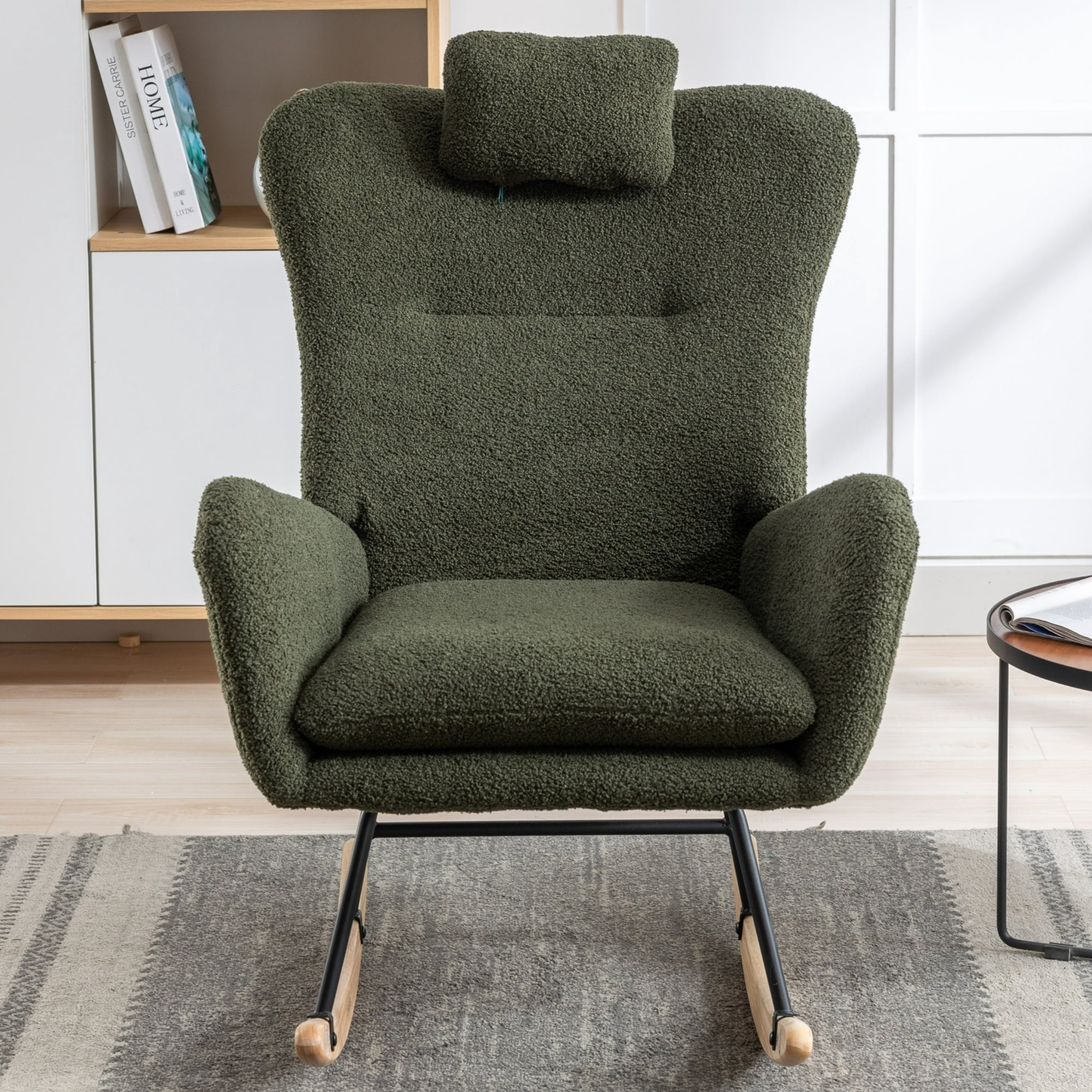 Leumius Nursery Rocking Chair, 35.5" Teddy Fabric Upholstered Glider Rocker with High Backrest, Modern Rocking Accent Chairs Comfy Side Chair for Nursery, Bedroom, Living Room,Dark Green