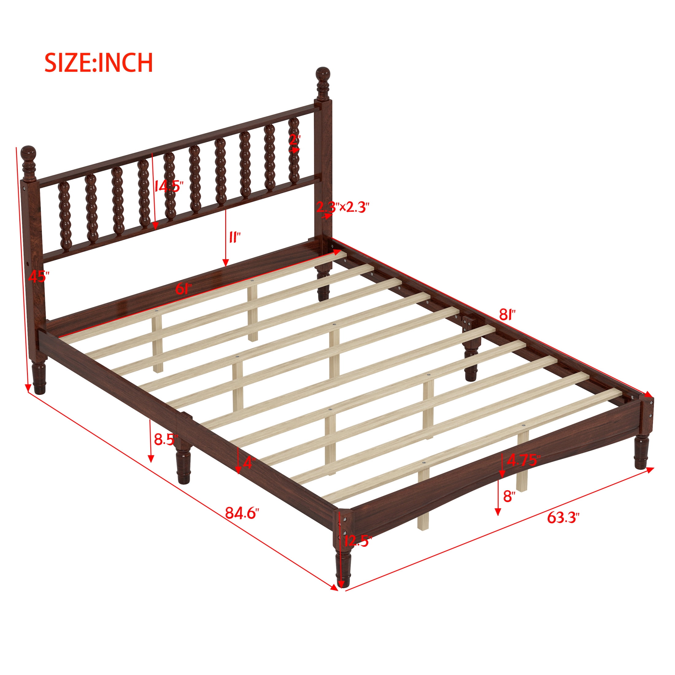 Noble House Queen Size Wood Platform Bed with Gourd-Shaped Headboard, Retro Wooden Bed Frame with Slat Support, Walnut
