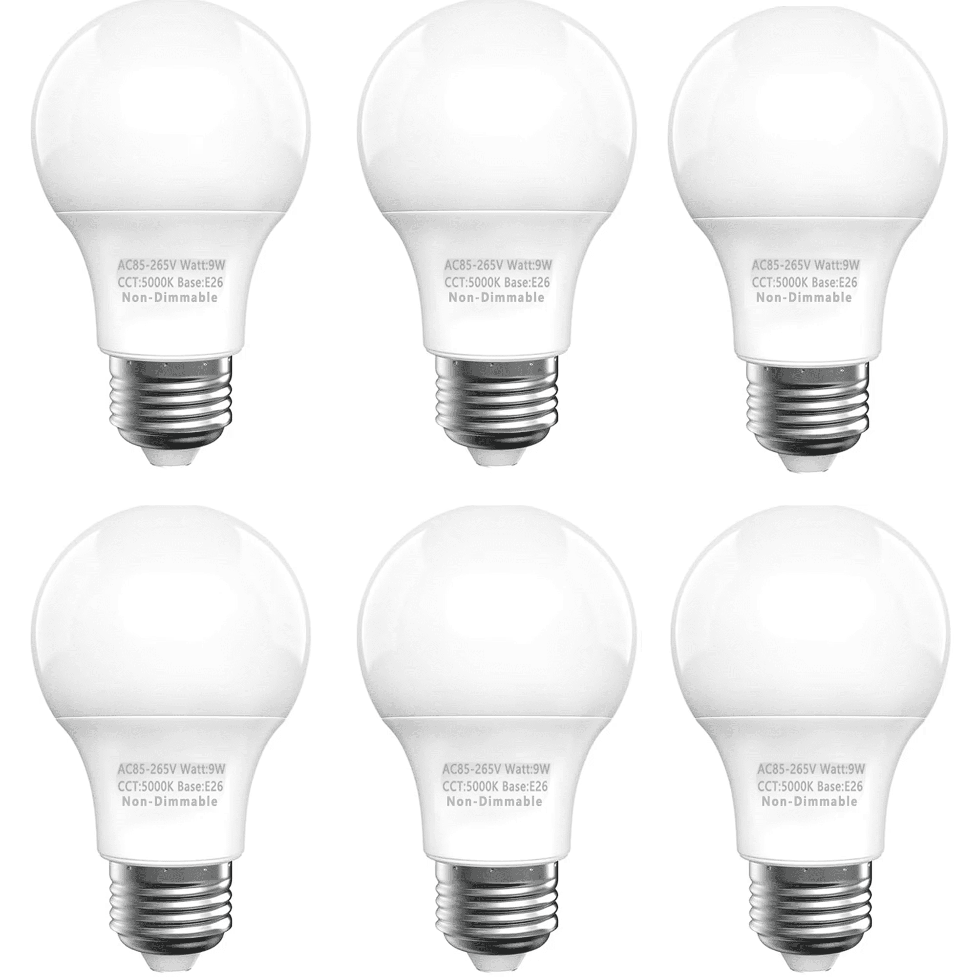 6-Pack Light Bulbs 60 Watt, Daylight White 5000K, A19 E26 LED Bulbs, Non-Dimmable
