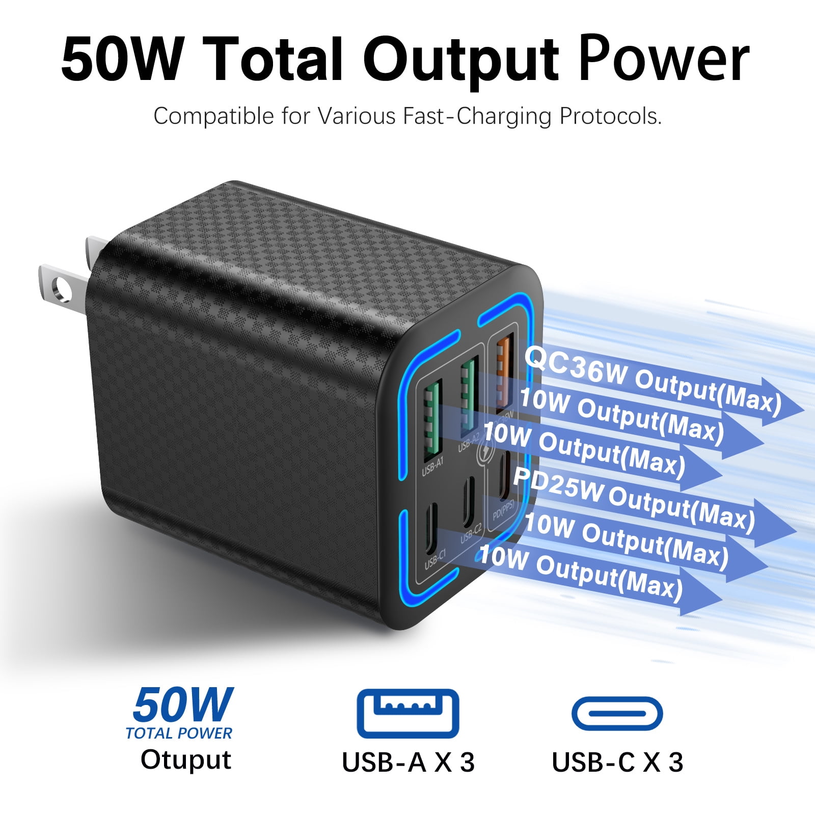 FOBIANJIE-50W USB-C and USB-A wall charger, Type-C charger, six-port cube design power adapter, multi-port plug, white/black/yellow – compatible with iPhone, iPad, AirPods, Samsung Galaxy, Note, Pixe