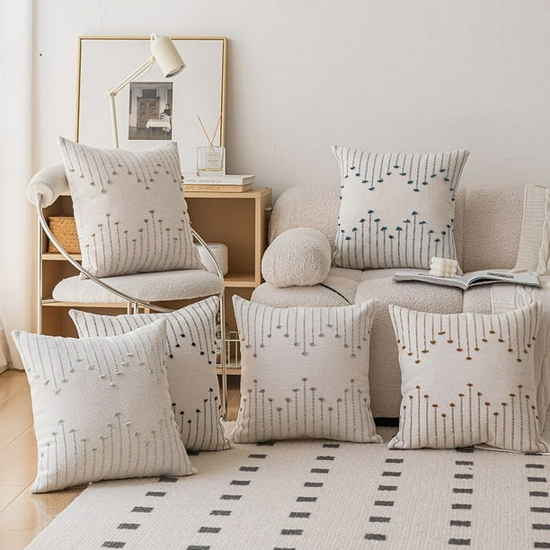 Juego de fundas de cojín decorativas bohemias | Tela de algodón | 18x18 pulgadas | Textura gris claro | Cremallera oculta | Duradero, lavable a máquina | Decoración para interiores y exteriores