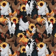 Fabric Tradtions 44" x 1 yd 100% Cotton Novelty Sunflowers and Large Roosters Sewing & Craft Fabric, Multi-color
