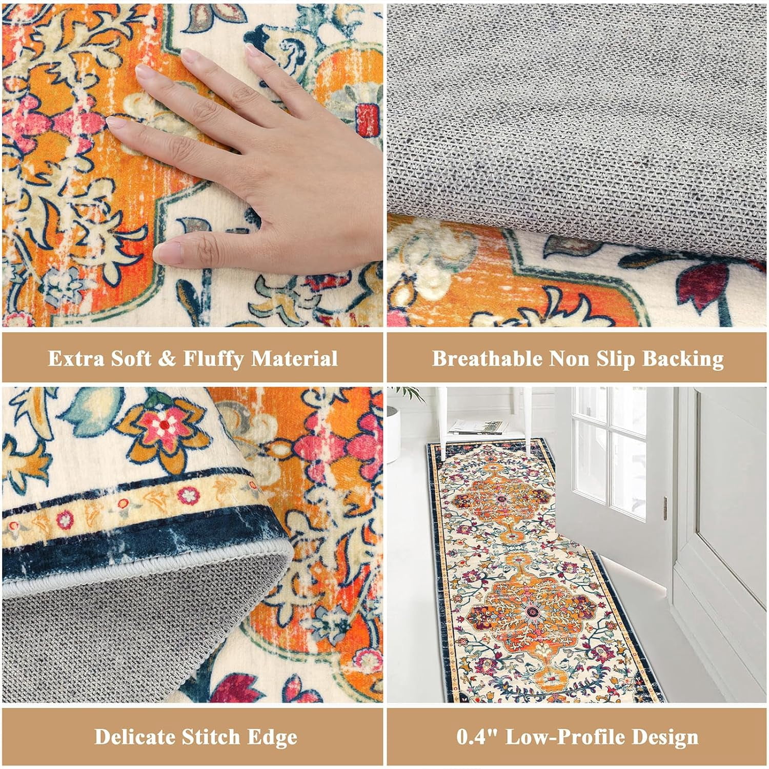 Findosom 2'x6' Vintage Runner Rug 0.4" Distressed Hallway Rug Non Slip Laundry Runner Rug Decor Rug Washable Runner Rug Kitchen Floor Mat Entryway Rug Runner for Laundry Kitchen Dark, Orange