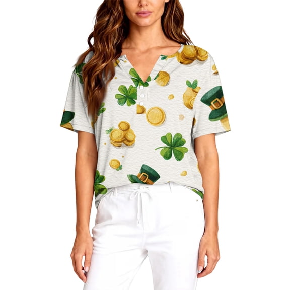 St.Patrick's Day T-shirt Women - Irish Lucky Clover 3/4 Sleeve Shirt, Fashion Shamrock Green Shirt, Costume for St.Patrick's Day|Style DGoldXXL