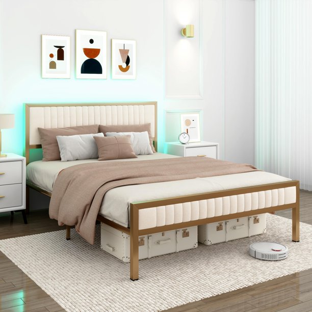 King Size Bed Frame with LED Light & Velvet Upholstered Headboard, Gold