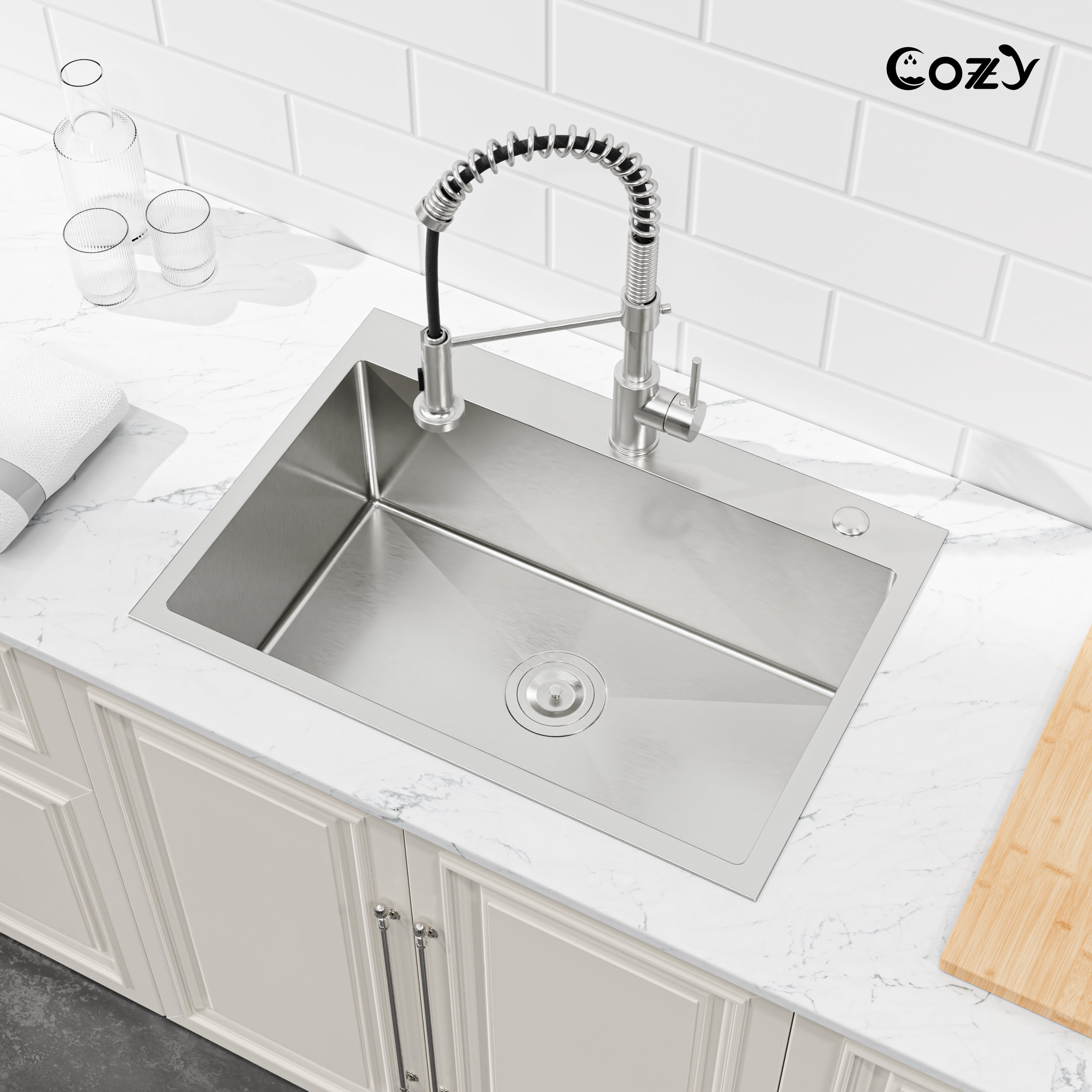 Stainless Steel Single Bowl Kitchen Sink 27x19 inch, 1-Piece Overmount Brushed with US Drain & Hook, SS-BR02D-271908