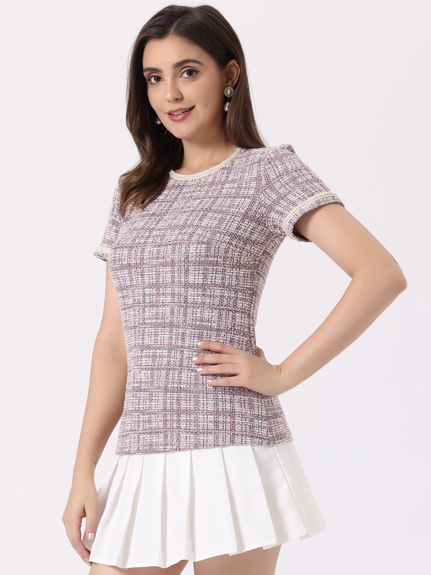 DARING DIVA Women's Round Neck Short Sleeve Tweed Top XS Pink White