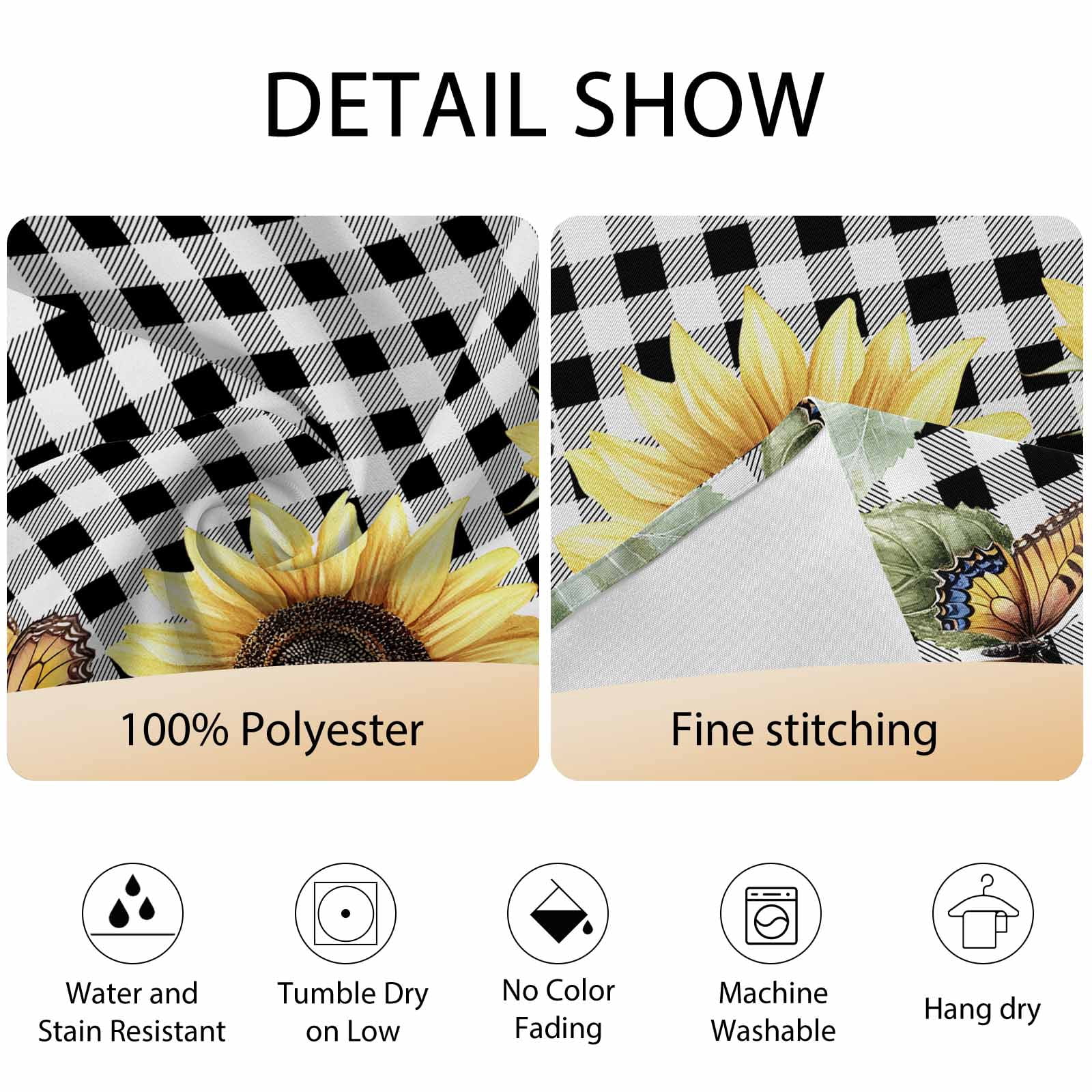 Round Tablecloth Vintage Floral Sunflower Waterproof Oil Proof Polyester Table Cloth Cover Decor for Home Dining Outdoor,Patio,Parties, 54" Dia. Black White Farmhouse Buffalo Plaid