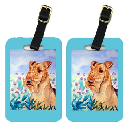 Pair of 2 Airedale Terrier in Flowers Luggage Tags