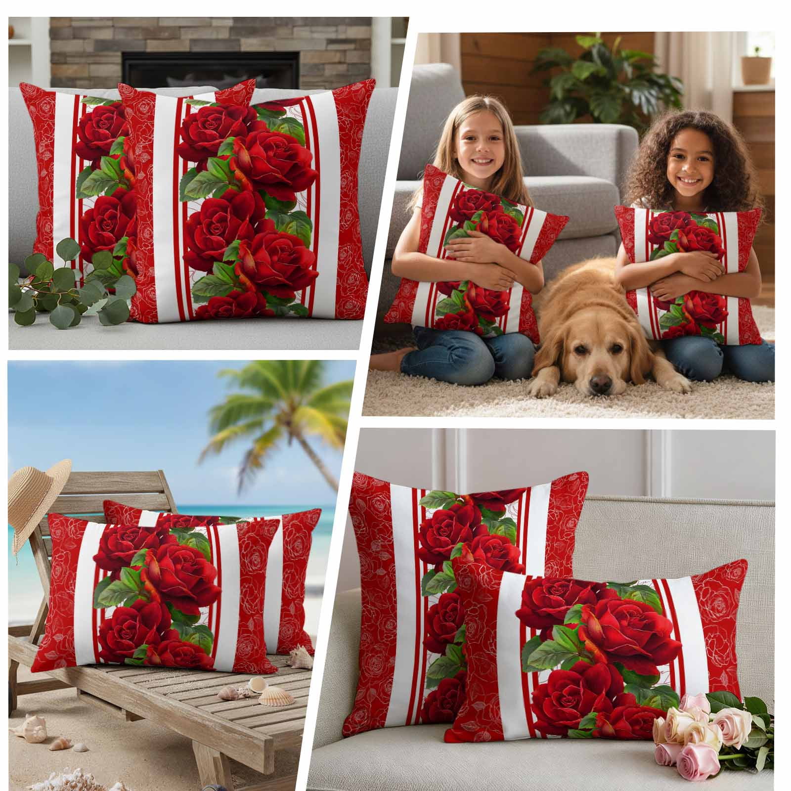 Valentine's Day Outdoor Waterproof Pillow Covers, Red Roses Floral Romantic Striped Decorative Square Throw Pillowcase Sofa Cushion Sham for Patio/Couch/Chair, 20"x20" 2 Pack