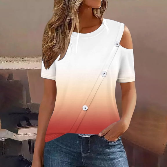 Homenesgenics Tops for Women Plus Size,Tunic Tops for Women Women's Summer Casual Comfortable Gradient Color Cold Shoulder Button Splicing Short Sleeve Round Neck Shirt Gold S