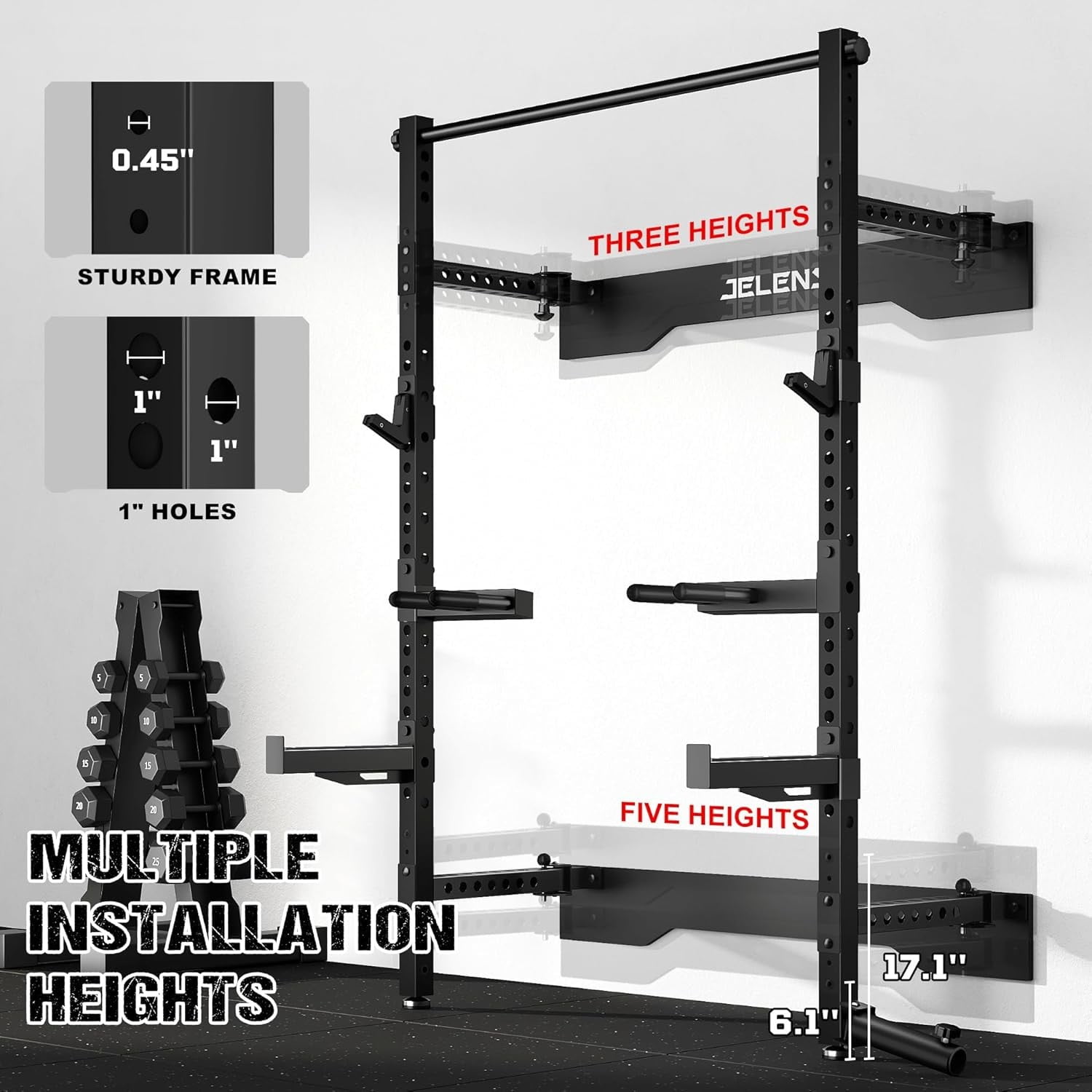 Folding Wall Mounted Squat Rack,1000 lbs Capacity Power Rack for Home Gym,Space-Saving Foldable Squat Rack with Pull-Up Bar & Landmine,Heavy-Duty 2.36" x 2.36" Steel Frame Power Cage