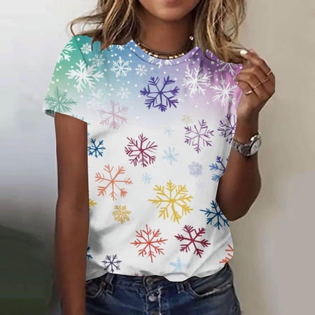Kctiaxy Womens Summer Tops Short Sleeve Round Neck T Shirts Casual Fashion Christmas Print Graphic Soild Color Pullover Shirts
