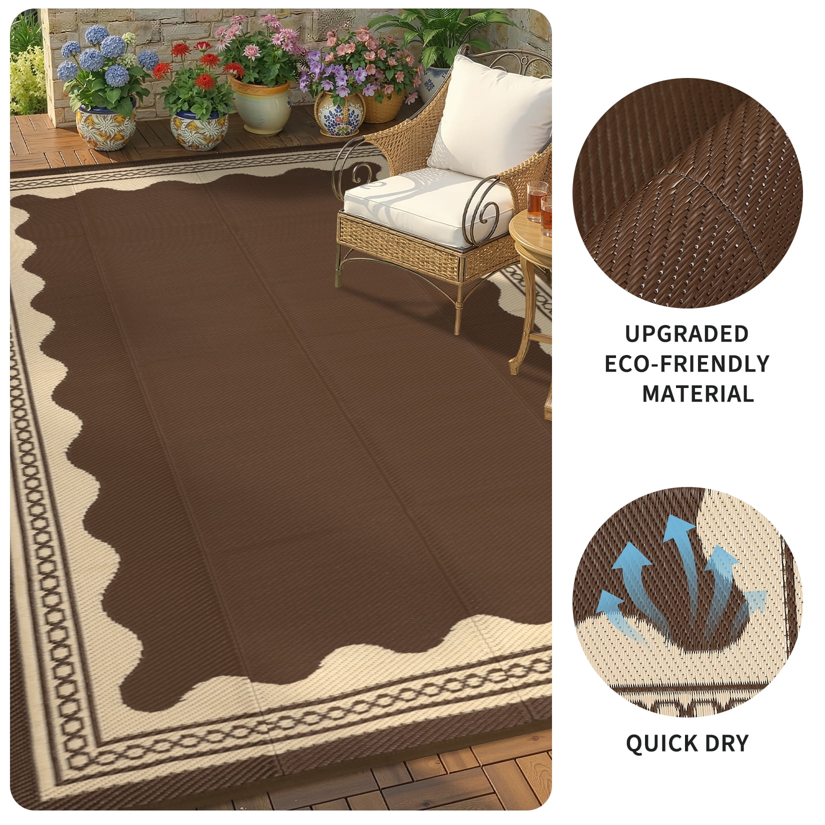 HIWEAVER Brown 10'x 14' Outdoor Rug Garden Decor Scolloped Bordered Carpet Plastic Straw Waterproof Reversible Patio Area Rug for Balcony Deck Picnic Portable Camping Mat
