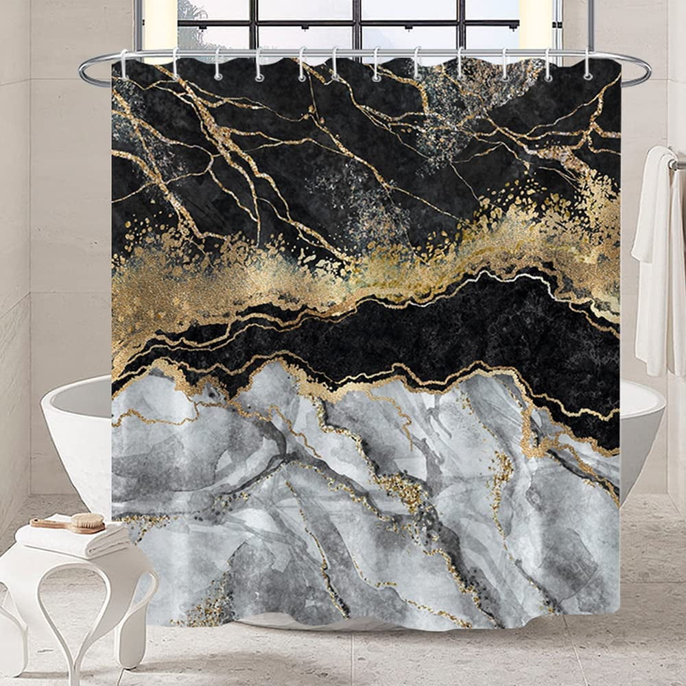 Marble Bathroom Shower Curtain Black Grey Gold Waterproof Fabric Shower Curtains with Hooks Watercolor Abstract Shower Curtains Cloth for Home Bath Decor 72x72 inches
