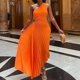 thumbnail image 1 of ICHUANYI Clearance Women's Print Short Sleeve Solid Casuals Comfy Sleeveless Single Shoulder Fold Tunic Slim Mini Dress(Orange, M) ICHUANYI WER2023081114851, 1 of 6