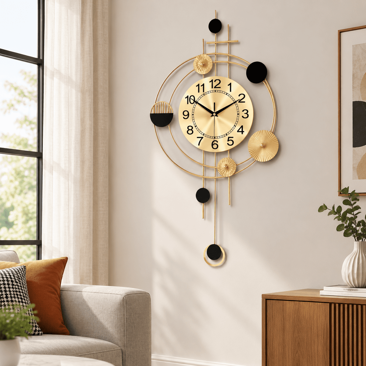 A-golden Metal Round Pendulum Wall Clock, 19.02 x 18.90 x 2.99 in, Home Decor