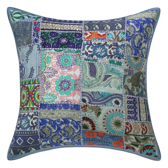 Stylo Culture Indian Cotton Home Decor Throw Pillow Sham Cover Grey 20x20 Bohemian Vintage Patchwork Indian Couch Cushion Cover 50 x 50 cm Living Room Abstract Square Pillowcase | 1 Pc