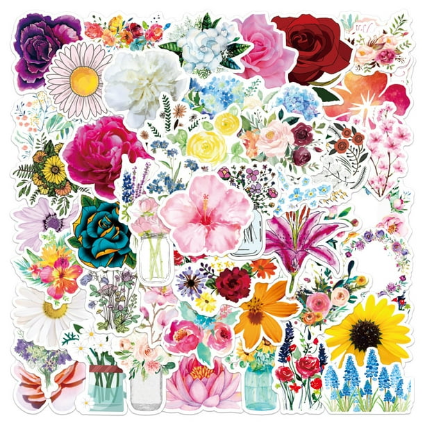 50 pegatinas botánicas coloridas de vinilo con forma de flor