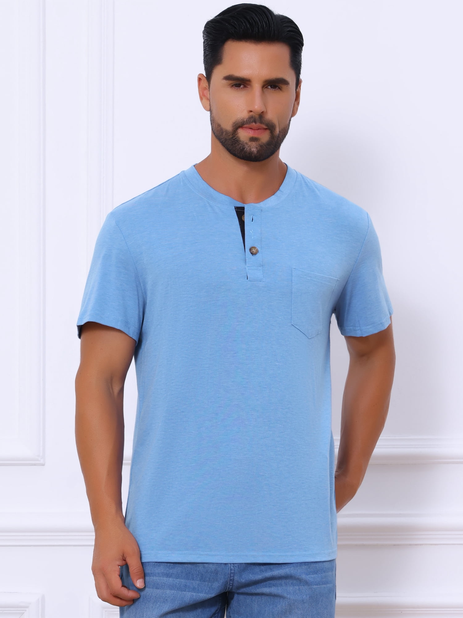 DARING DIVA Men's Casual Summer Short Sleeves Button Henley Basic Tee M Light Blue