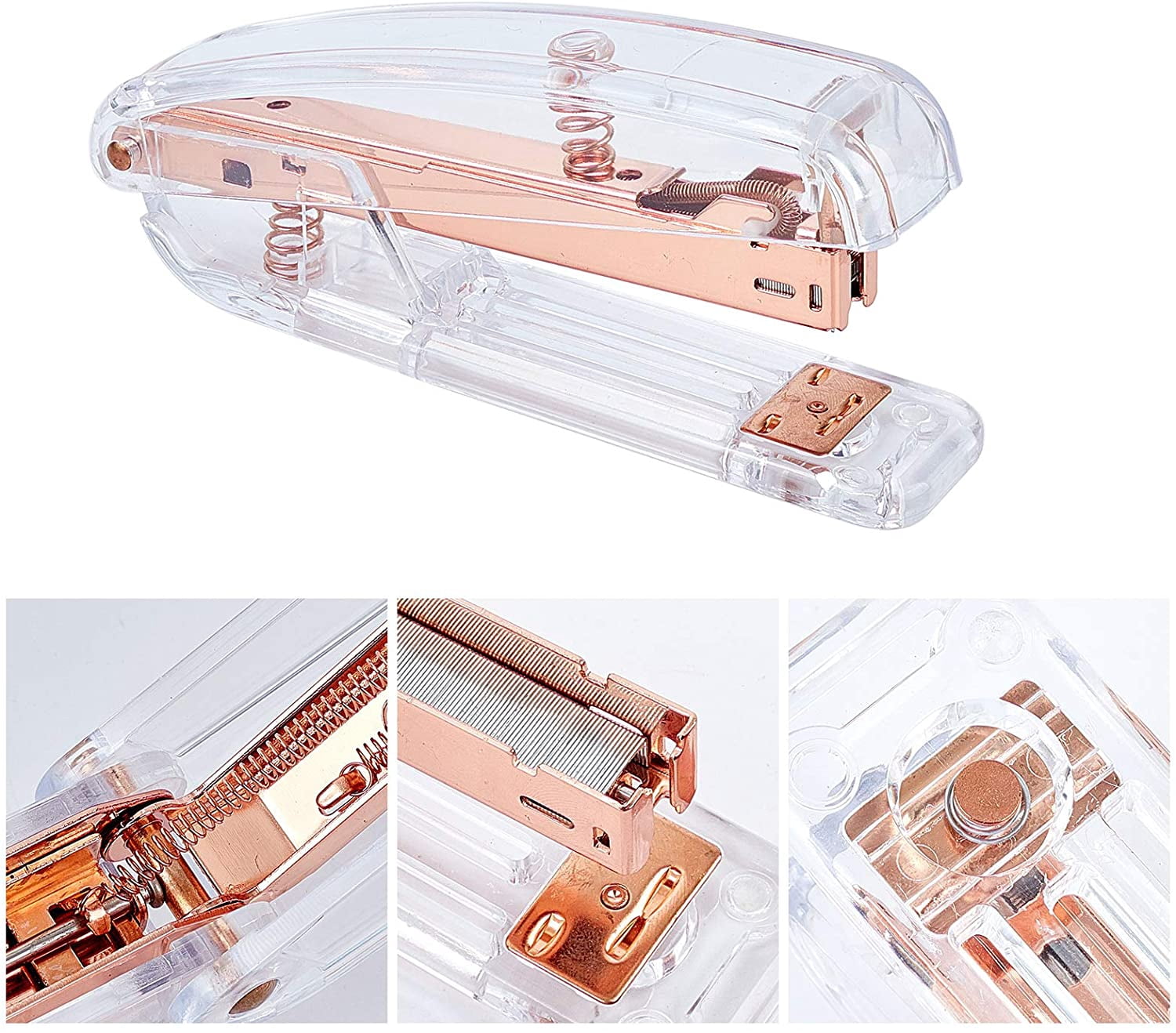 1Set Office Appliance with 24/6 Standard Staple Iron Wire Hollow Tape Cutters Holder & Claw Staple Remover Spring Powered Desktop Stapler Metal Binder Clips Rose Gold