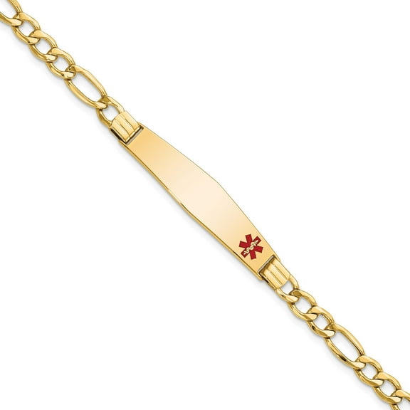 14K Yellow Gold Semi-Solid Medical Soft Diamond Shape Red Enamel Figaro Id Bracelet (8 X 9) Made In United States xm571fc-8