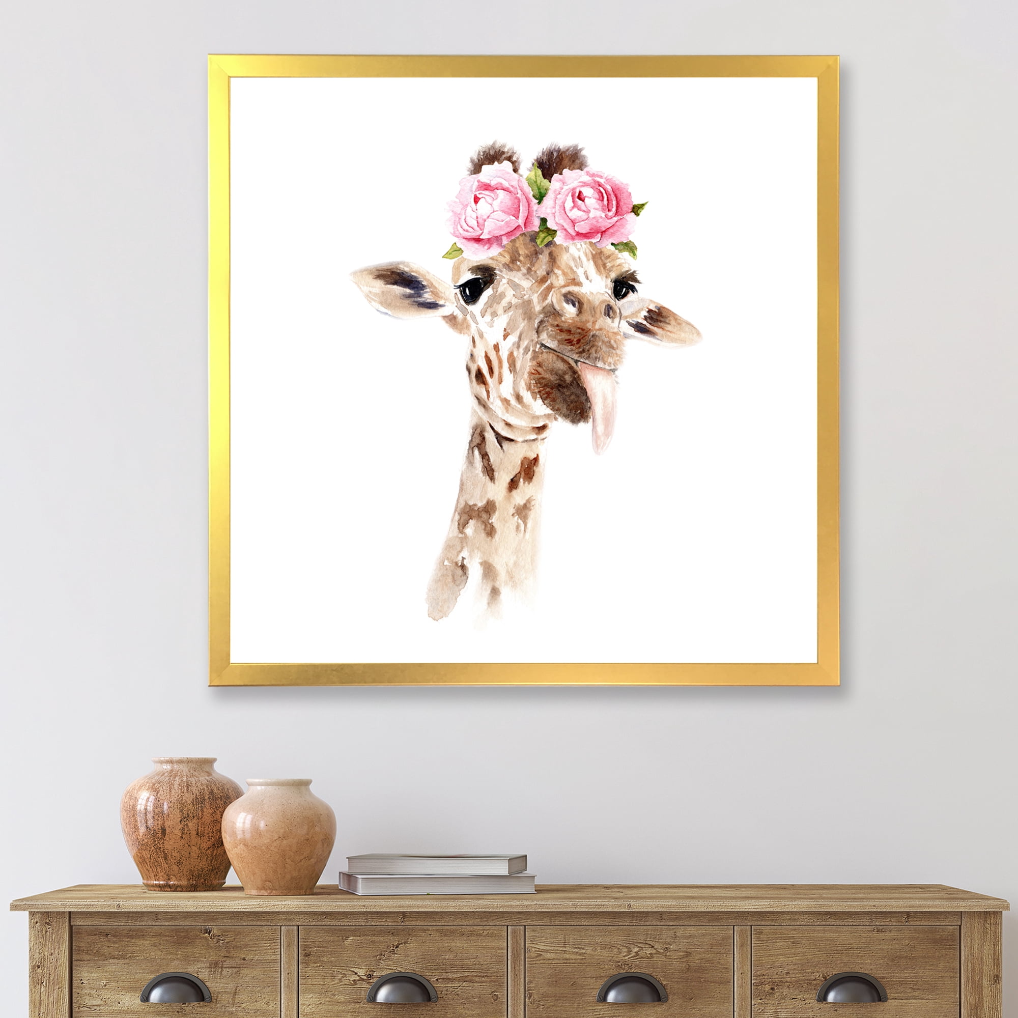 Designart 'Portrait of A Giraffe With Pink Flowers' Farmhouse Framed Art Print