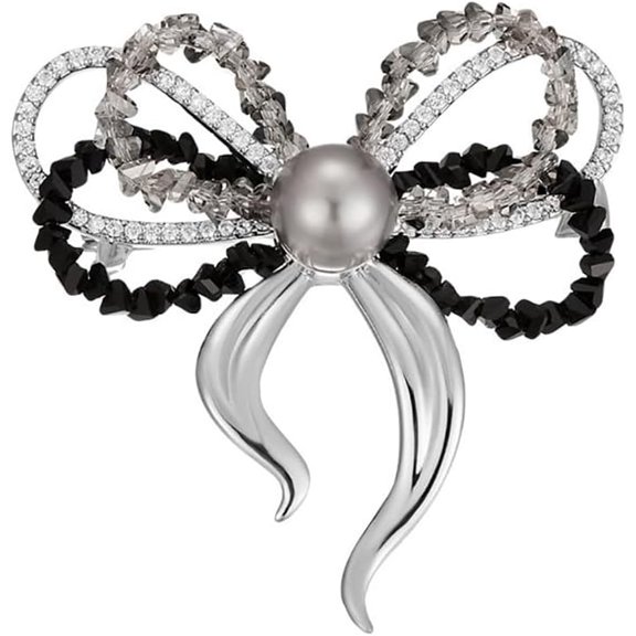Elegant Pearl Bow Brooch Pin for Women Cubic Zirconia Crystal Ribbon Bow Lapel Pins Corsage Badge Christmas Brooches Dainty Accessory for Cloth Dress