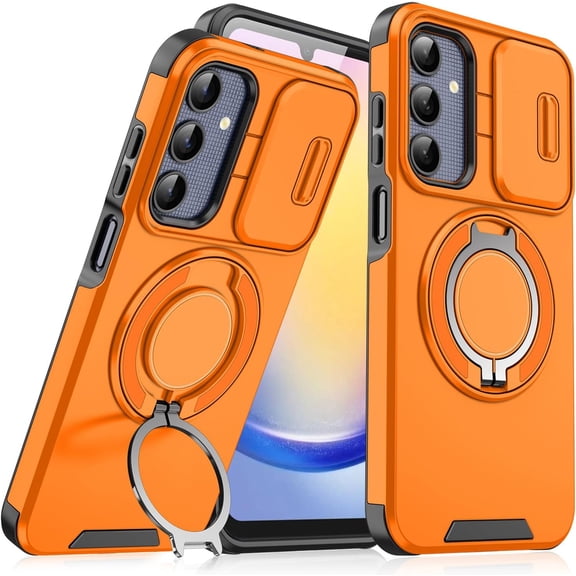 Case for Galaxy S24 FE,Military Grade [Built-in Kickstand] Magnetic Rotate Ring Holder Heavy Duty TPU PC Shockproof Drop Protect Phone Case for Samsung Galaxy S24 FE 5G,2024 (Orange)