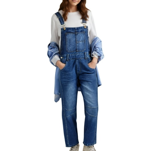 Overalls For Women - Casual Adjustable Strap, Baggy Denim, Barrel Leg Jumpsuit with Pockets