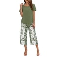 thumbnail image 2 of Snorda Pants Set for Women Short Sleeve Irregular Hem Top High-Waisted Leaf Print Capris Pants Summer Ladies Casual Matching Loungewear Outing Set, 2 of 6