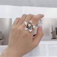 thumbnail image 3 of Pearl Flower Open Statement Ring for Women Gold Tone Handmade Adjustable Expandable Wrap Finger Band Engagement Promise Ring Comfort Fit Wedding Band Dainty Holiday Jewelry, 3 of 6