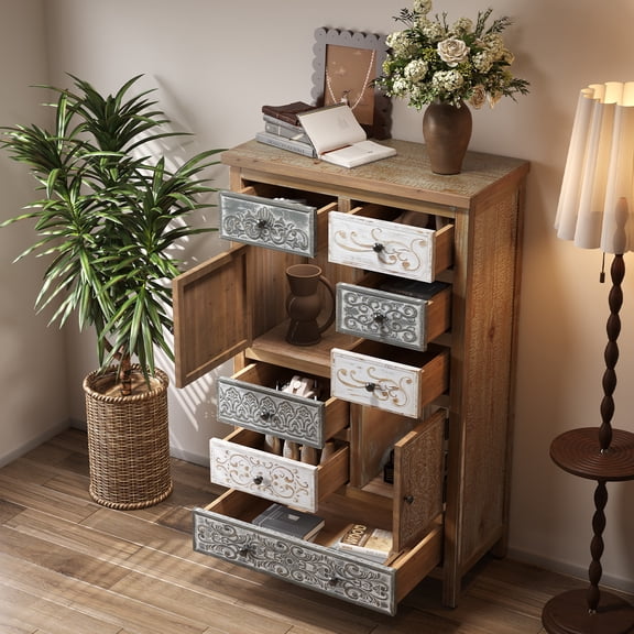 GDF Studio 27" Vintage Wooden Accent Chest, Rustic 6 Drawer and 2 Cabinet Storage Dresser, Living Room, Multicolor
