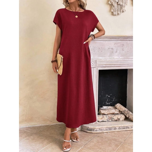 Burgundy Solid Batwing Sleeve Maxi Casual Dress For Women Summer