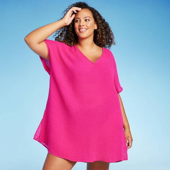 Women's Side Slit Tie Back Cover Up Tunic Dress - Kona Sol™ Berry Pink 3X