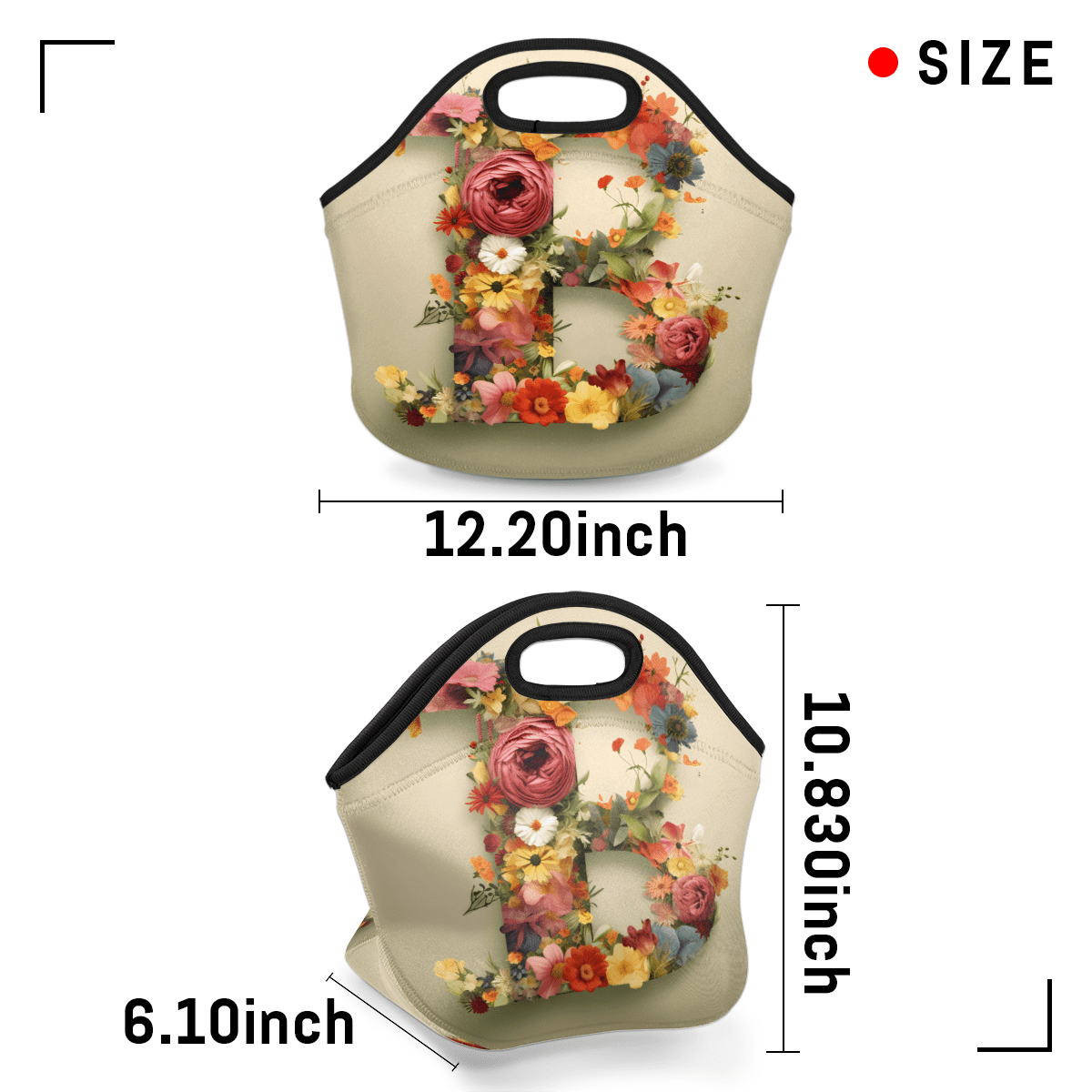 Herdesigns Letter B Neoprene Lunch Bag, Flower Letter B Insulated Lunch Box for Women Men Washable Lunch Tote Soft Lunch Container With Zipper for Work Picnic Travel