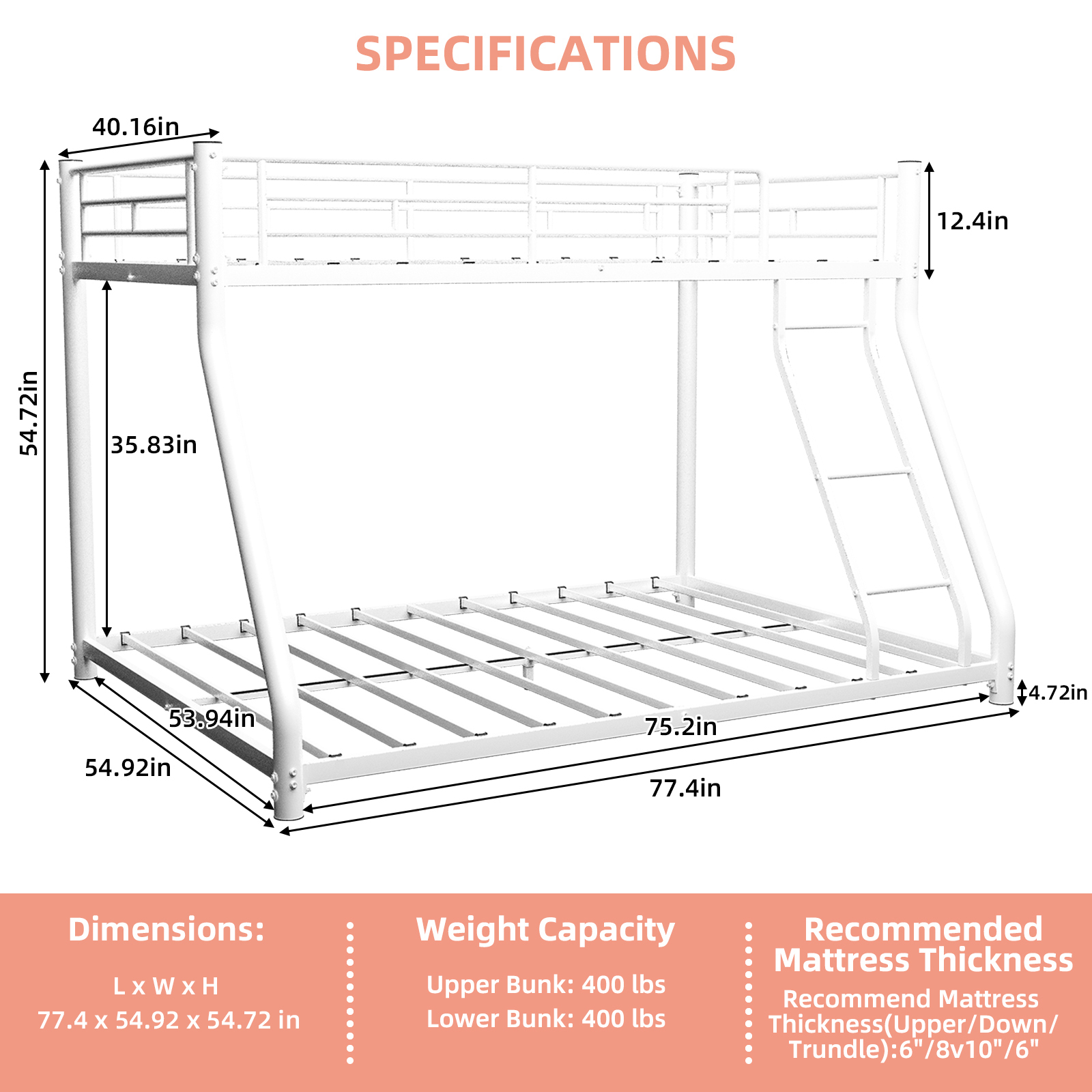 Alvantor Metal Bunk Bed Twin over Full for Kids Teens, Heavy Duty Bunk Bed with Full-Length Guardrail White