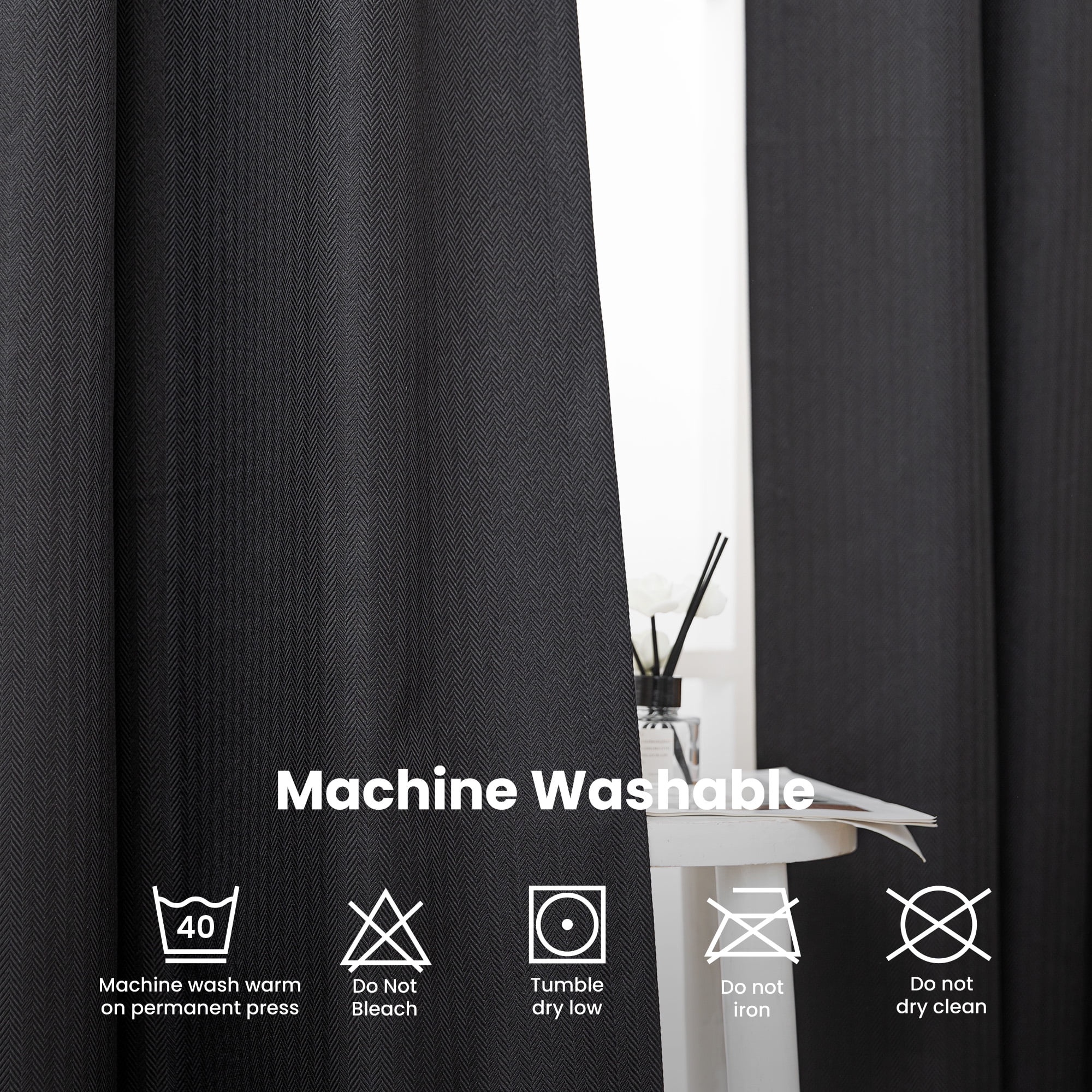Sleep Zone Solid Herringbone Blackout Curtains Pack of 2, Drapes for Living Room, 52" x 84" Black