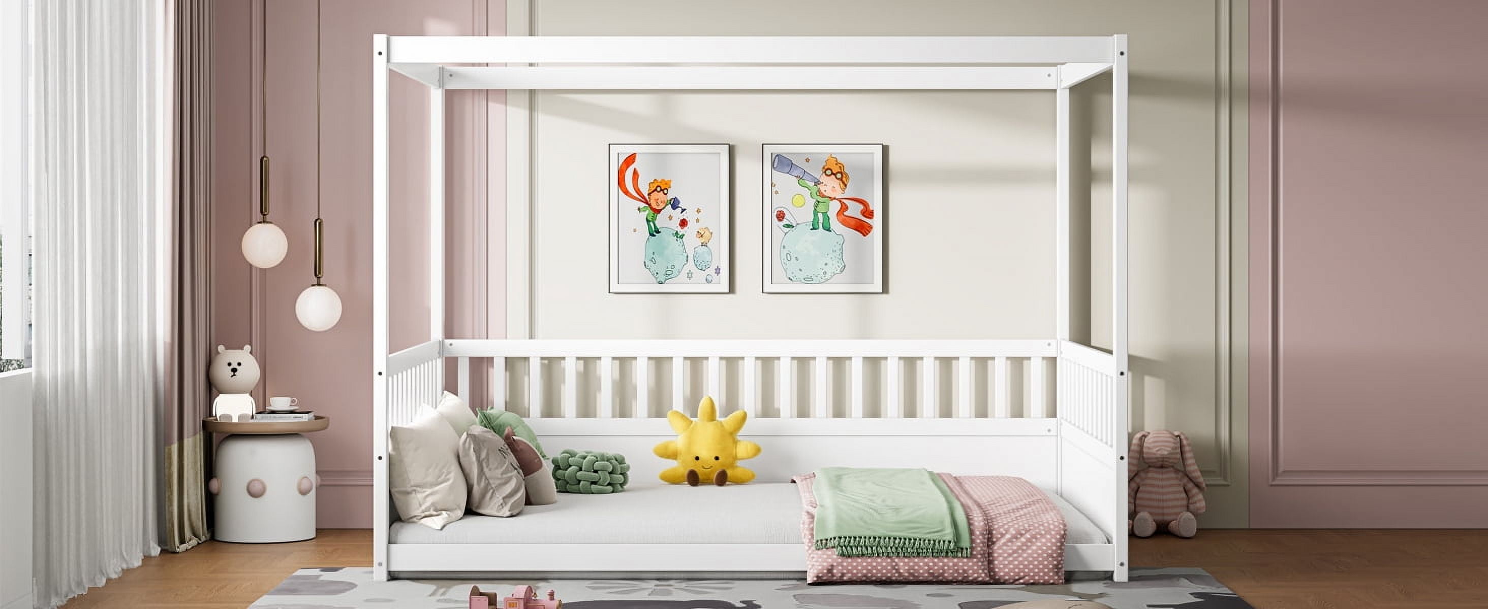 Canopy Bed Frame with Guardrails for Kids, Full Size Floor Bed with Four Poster Design, White Pine Wood Montessori Bed, Low Profile Floor Bed with 21.45-Inch Guardrail