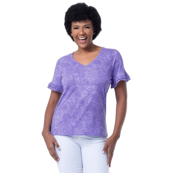 Lee Womens and Plus Short Sleeve Cotton Ruffle V-Neck T-Shirt, S-4X