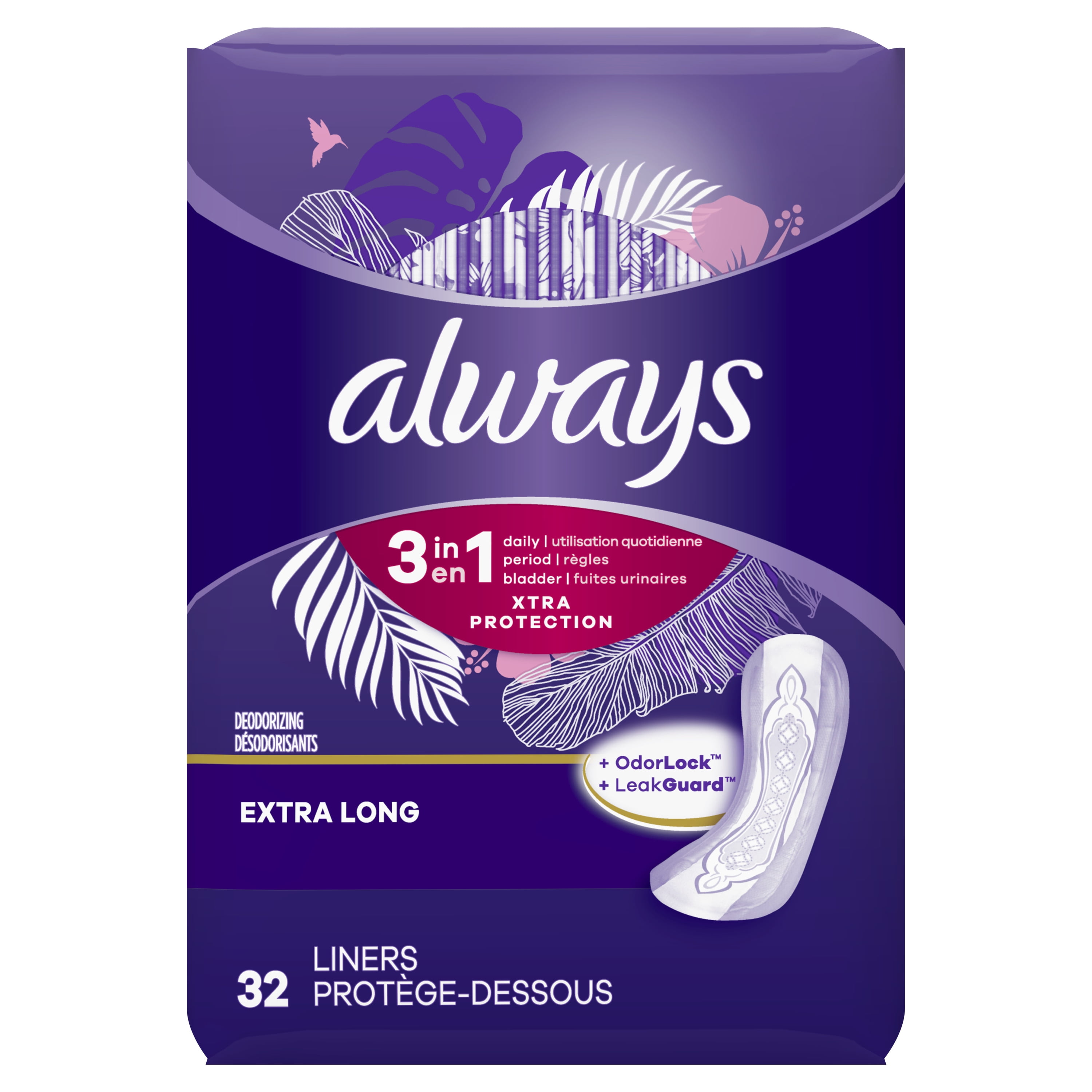 Always 3in1 Xtra Protection Daily Liners Extra Long w/ LeakGuards, 32